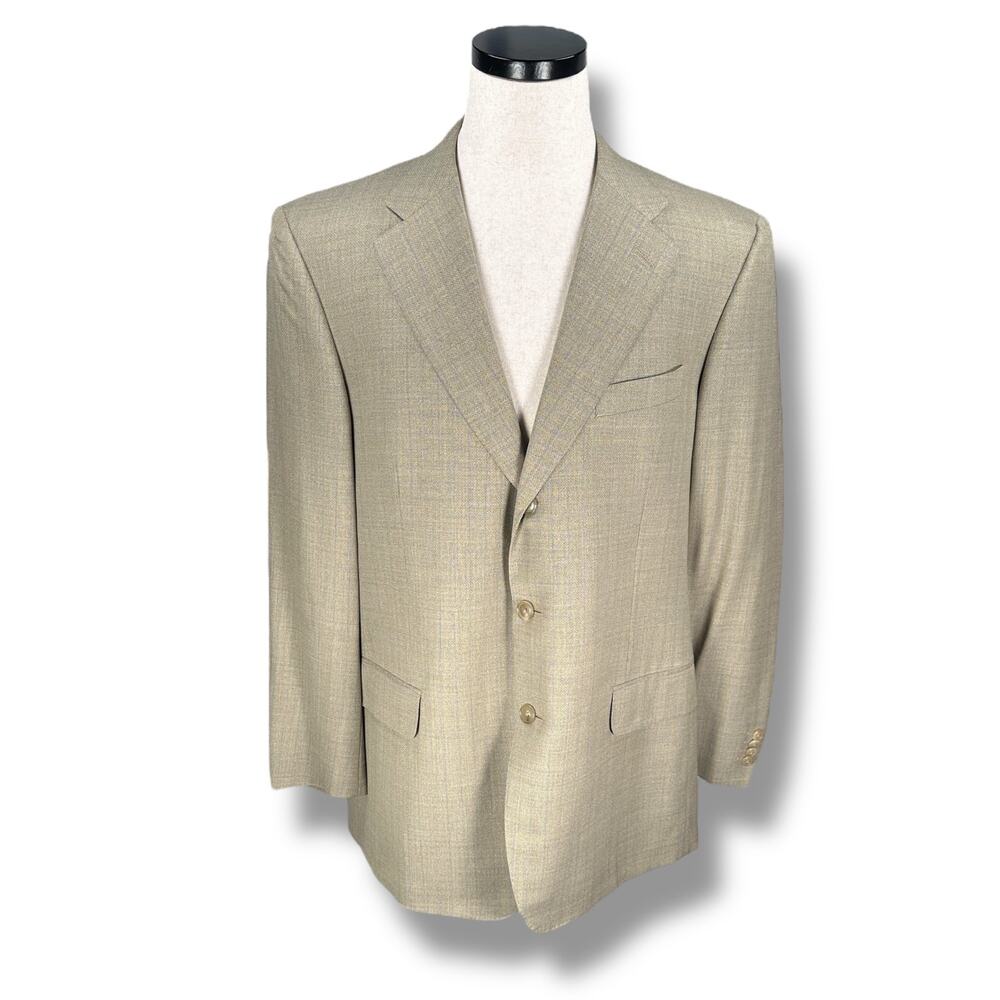 Ermenegildo Zegna Blazer Jacket Men’s US 44R Beige Blue Widowpane Notch Wool